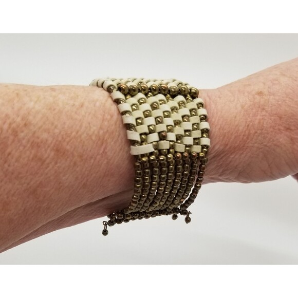 Vintage Woven Cuff Bracelet Copper, Bronze, Faux Suede, Beads and Dangles - Picture 1 of 9